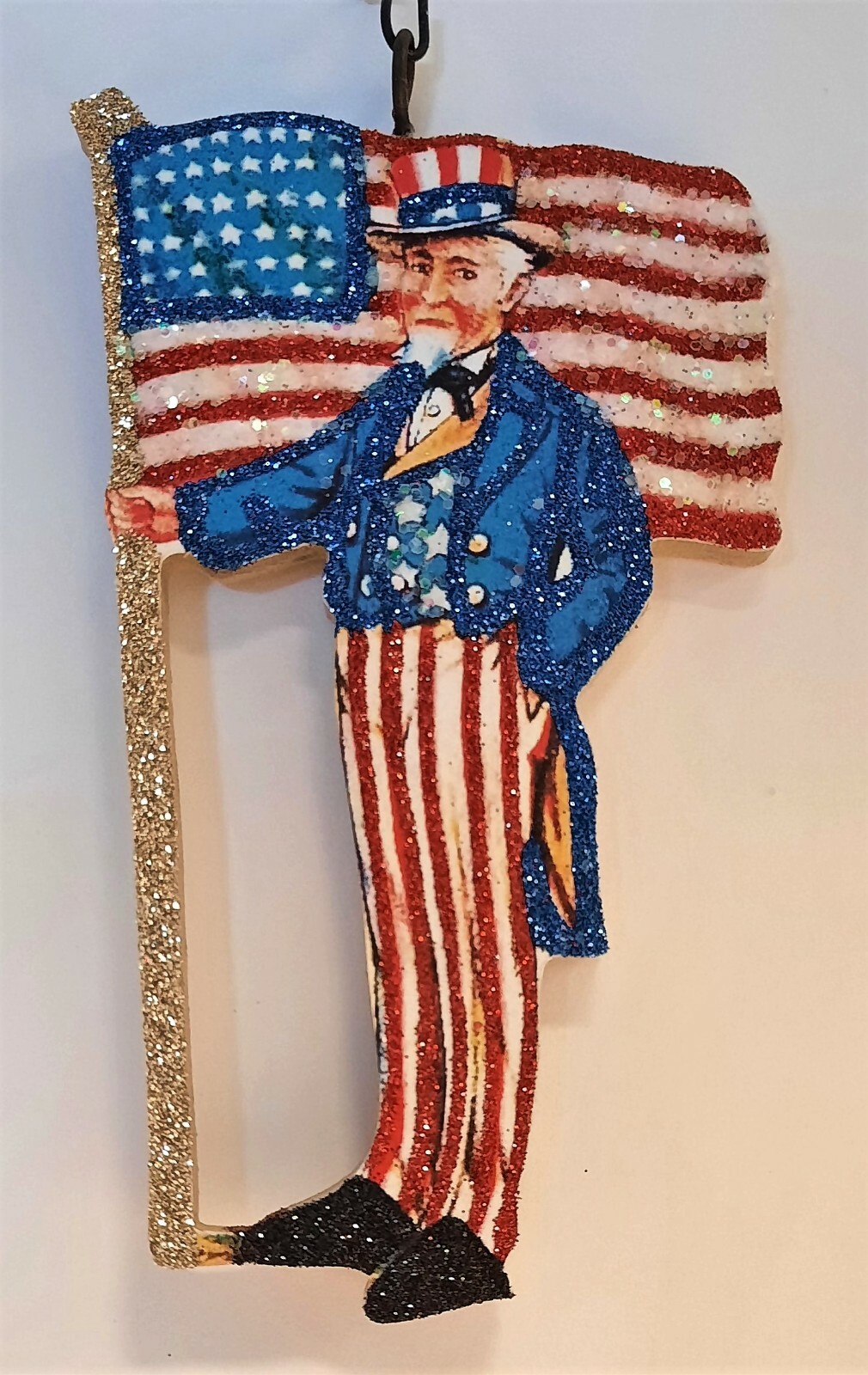 UNCLE SAM w LARGE AMERICAN FLAG * Glitter JULY PATRIOTIC ORNAMENT * Vtg Img
