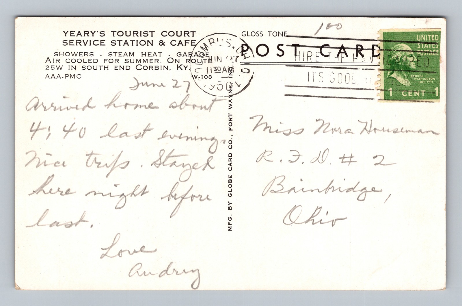 Yeary’s Tourist Court Gas Service Station & Café Restaurant Corbin KY Postcard