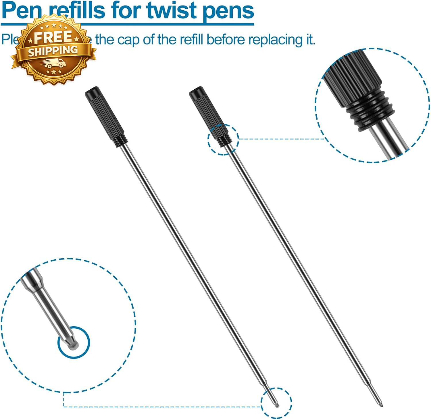 20 Pack Black Ballpoint Pen Refills 1mm Medium Tip for Twist Pens Replaceable US