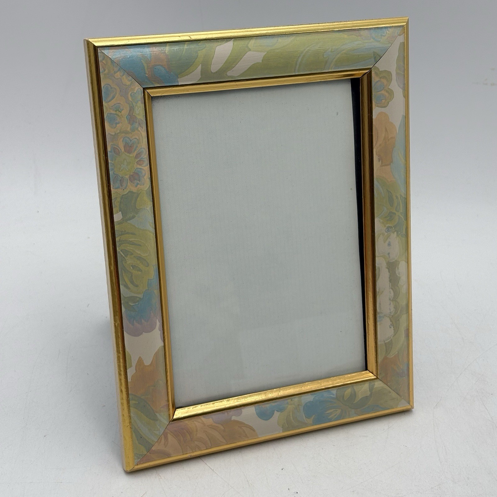 VTG 90s Gold Floral Picture Frame Green & Blue Floral For 5×7” Photo Cottage