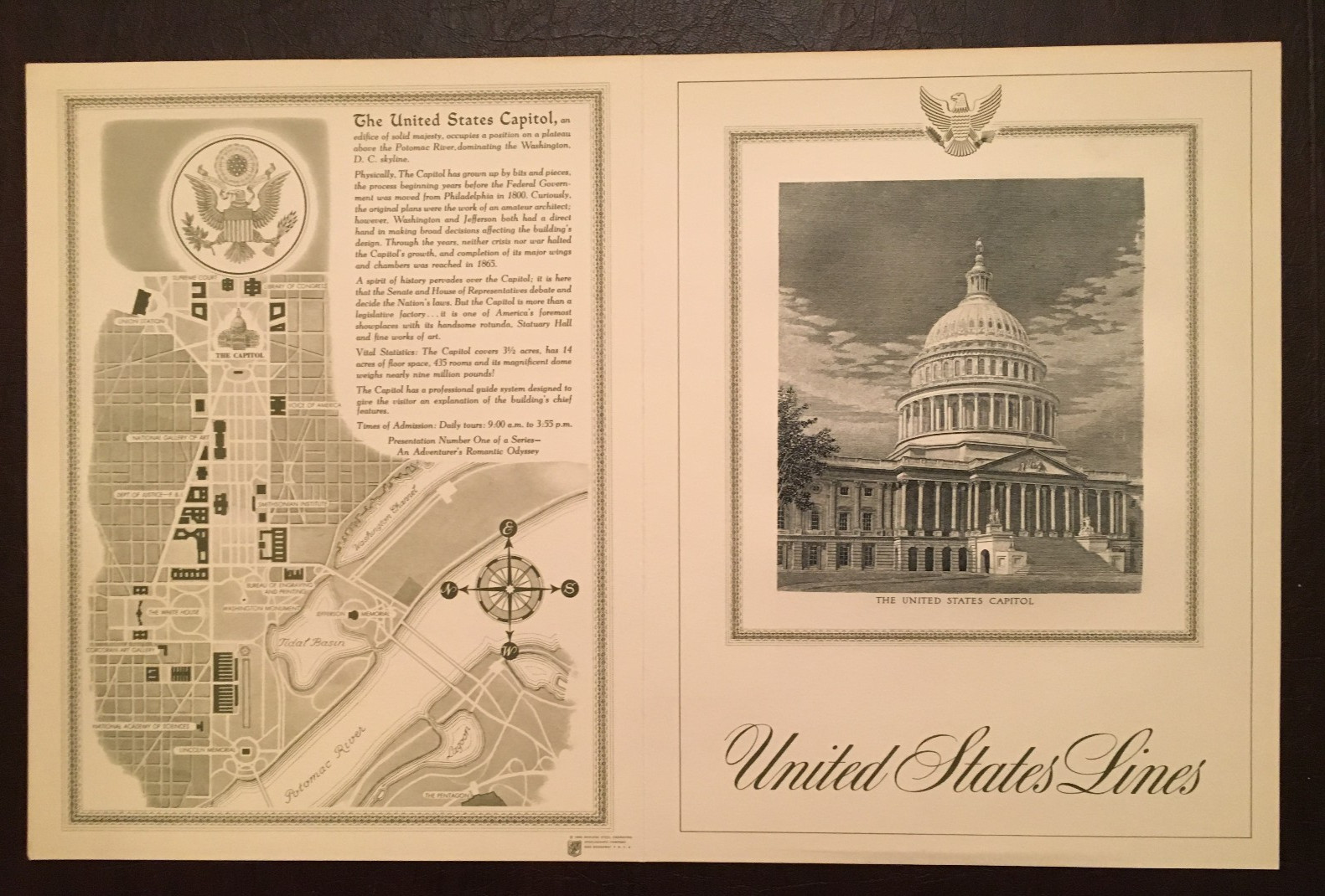 SS UNITED STATES MENU COVER – „AN ADVENTURER’S ROMANTIC ODYSSEY“ – U.S. CAPITOL