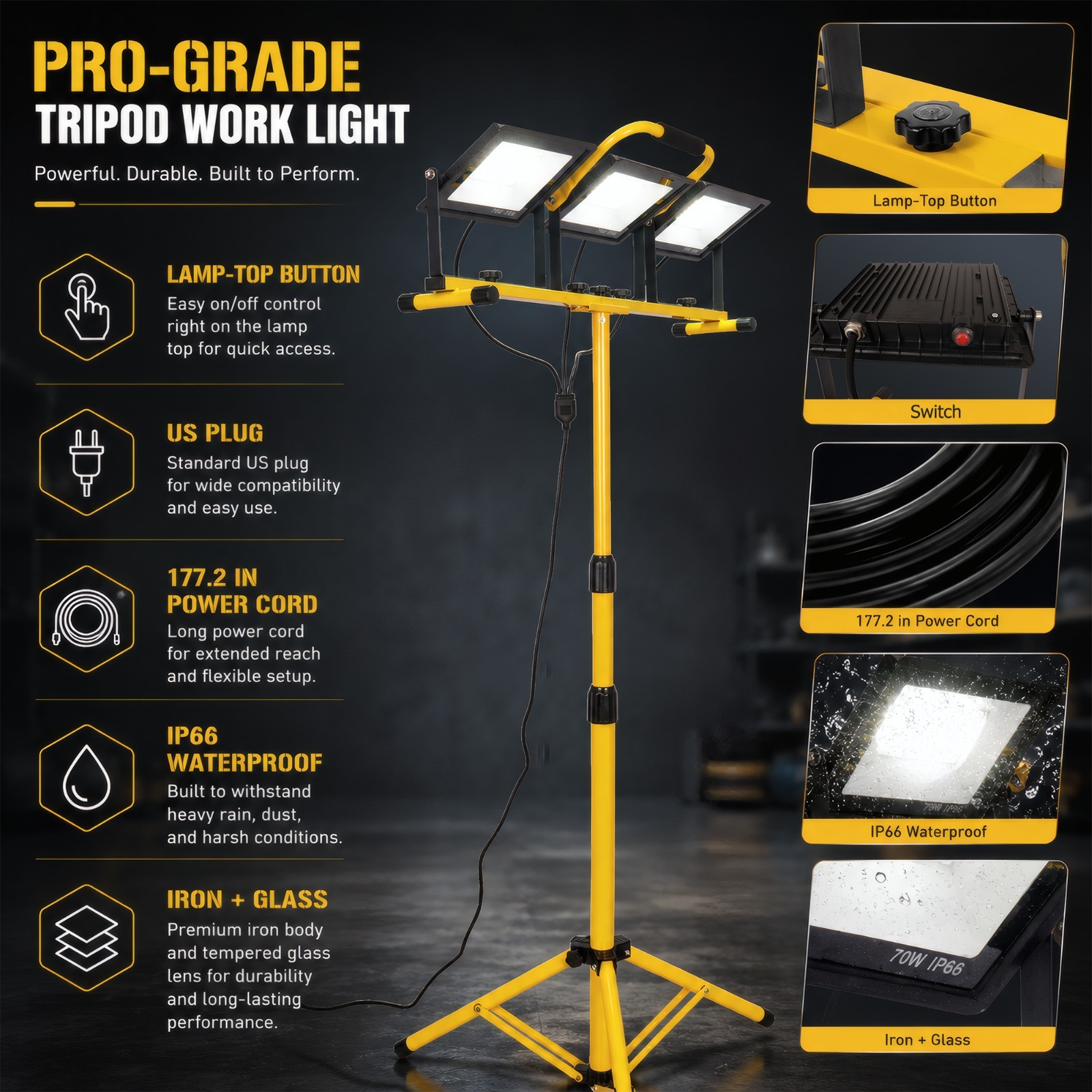 Yellow Industrial Style Outdoor Tripod Floor Lamp, Movable And Adjustable Height