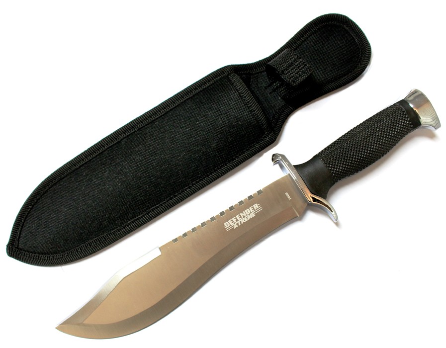 13″ Defender Xtreme Serrated Blade Silver & Black Hunting Knife Sheath