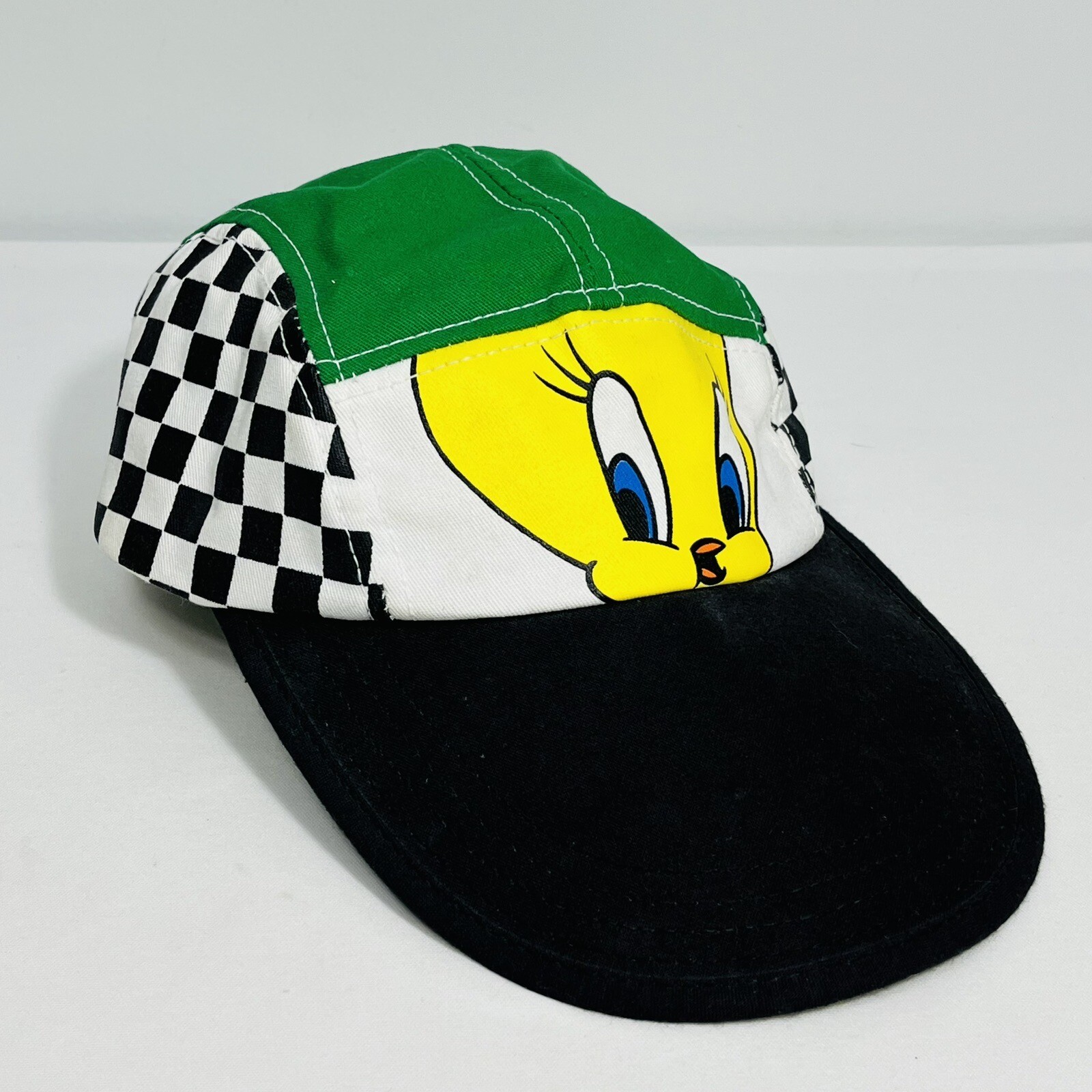 Tweety Bird Hat Black White Checkerboard Green Elastic Back Warner Bros Vintage
