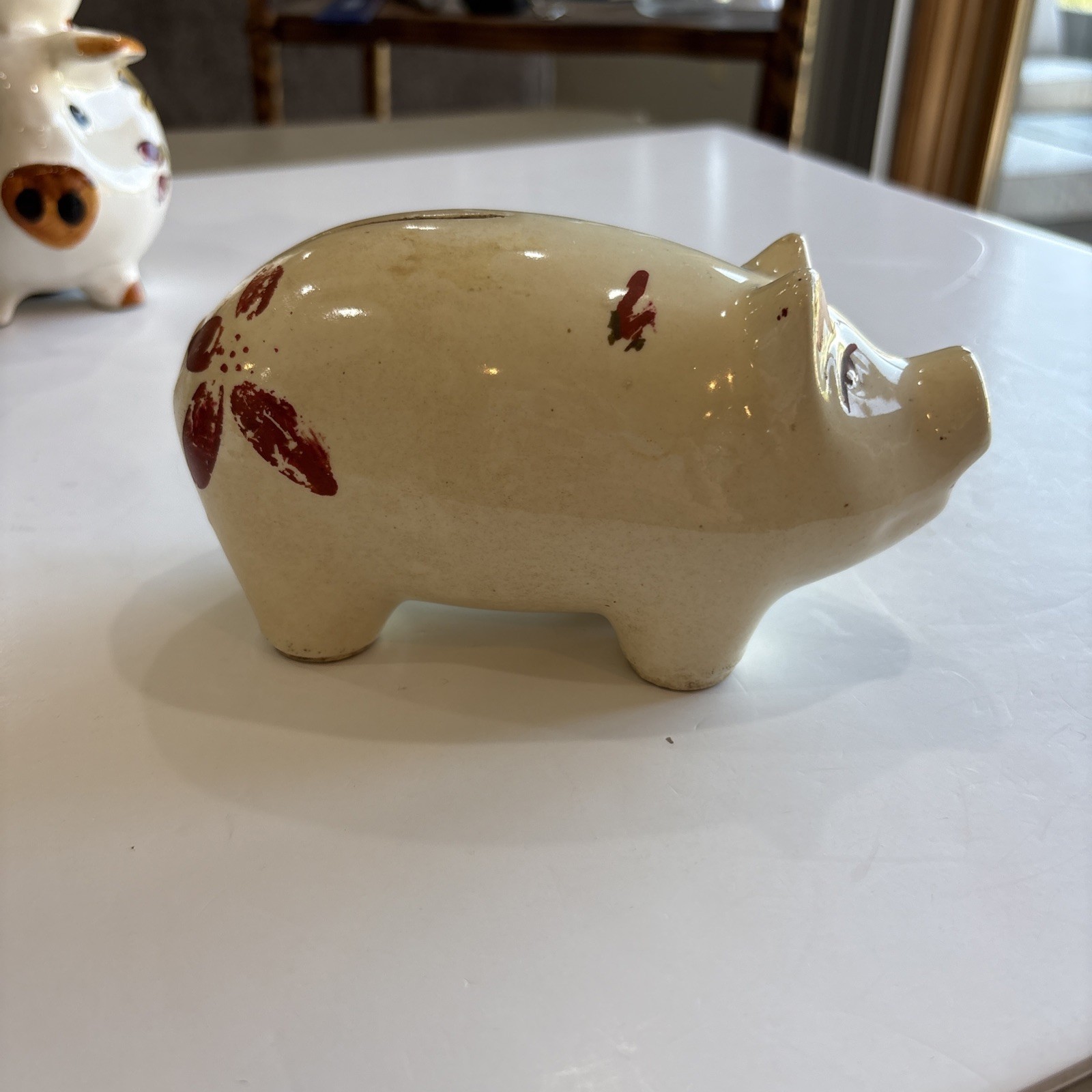 Vintage 1950’s Ceramic Pig Piggy Coin Bank Hand Painted Flower, 6” Farm Animal