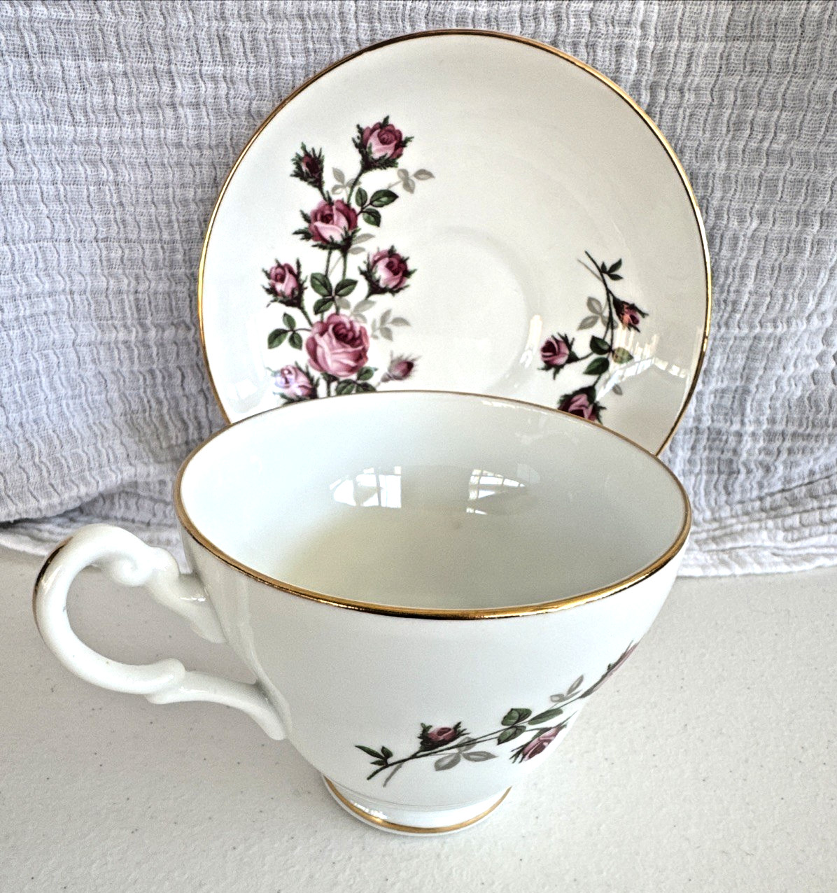 English Bone China Cup & Saucer Vintage White and Gold Pink Roses Hand Painted