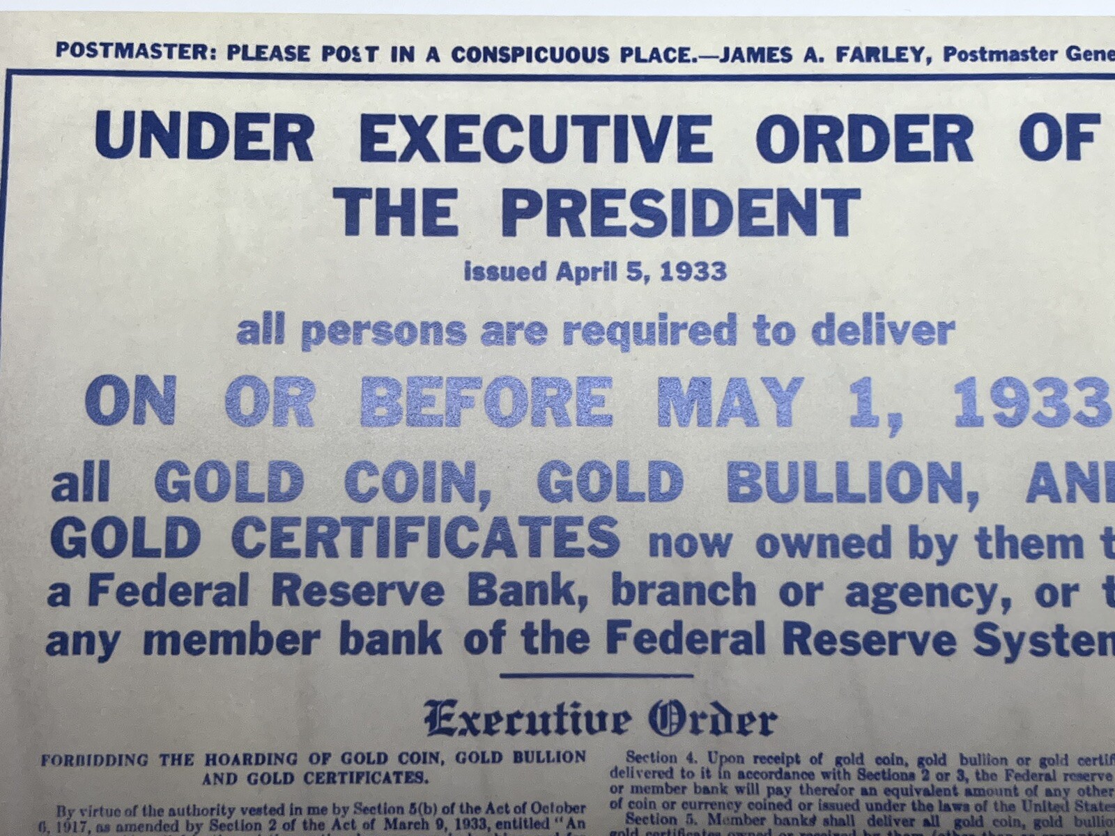 1933 FDR Gold Confiscation Poster Roosevelt Executive Order 6102 – REPRODUCTION