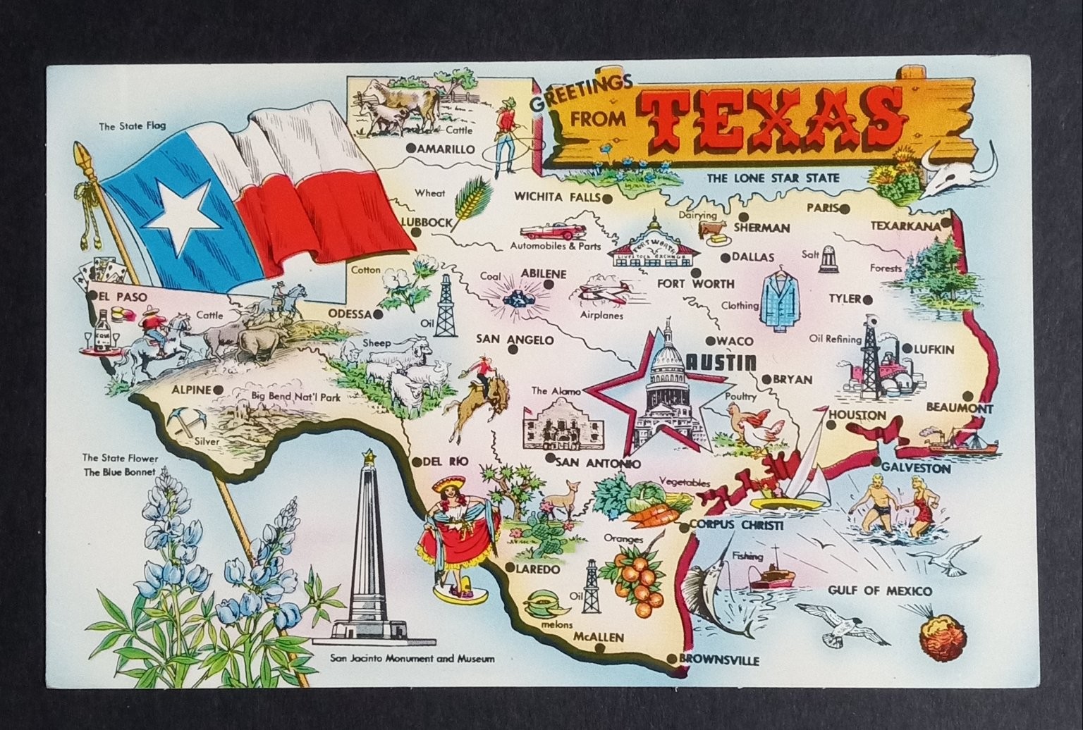 Vintage Greetings from Texas Pictorial Map Postcard Tichnor Lusterchrome 1950s