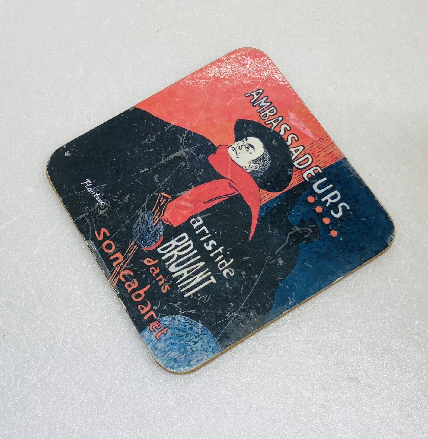 Vintage Ambassadeurs Aristide Bruant Wood Cork Drinking Coaster French Art 36