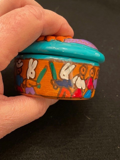 Handpainted Mexico Folk Art Celestial Terra Cotta Trinket box 3X1.25″ Round A+