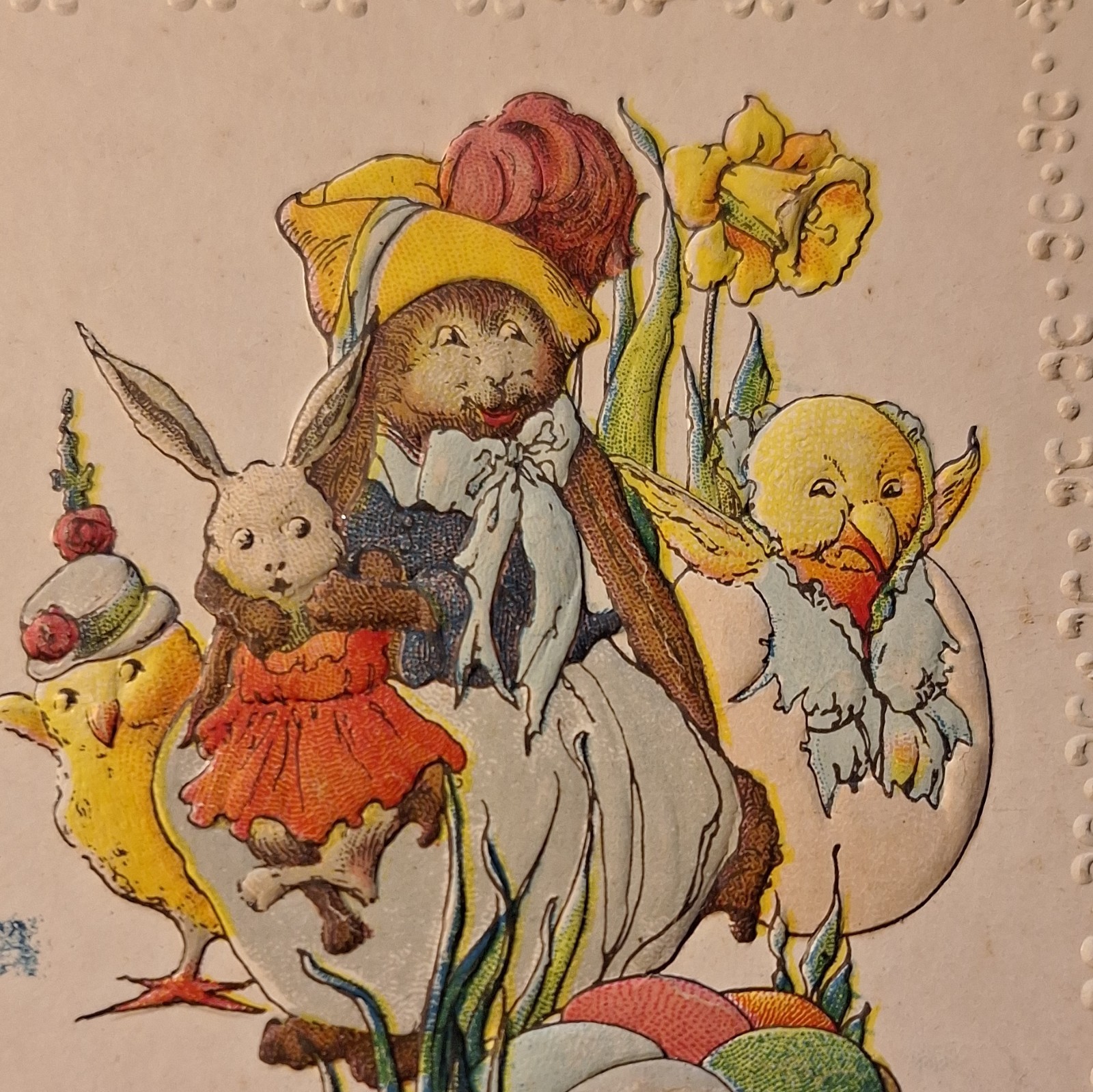 Embossed Easter Postcard Bunnies & Chicks Multicolor Paper E-102