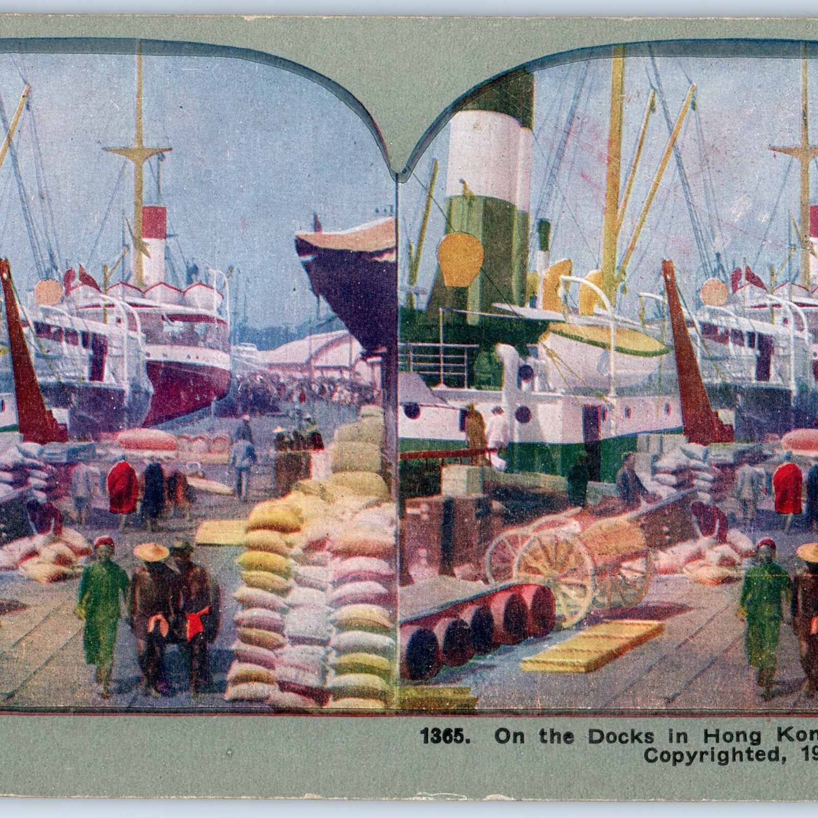 c1900s Hong Kong Harbor, China Docks Steam Ship Men Steamer Photo Stereo Card V9