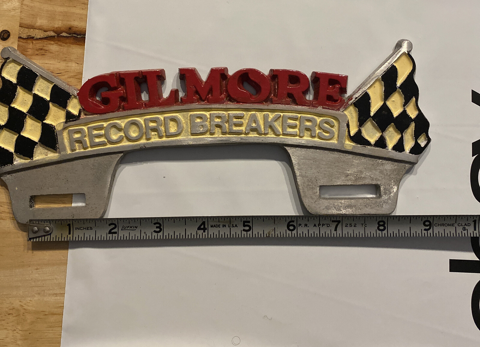 Gilmore Racing License Plate Topper Frame Chevy Ford Patina METAL Auto Car Truck