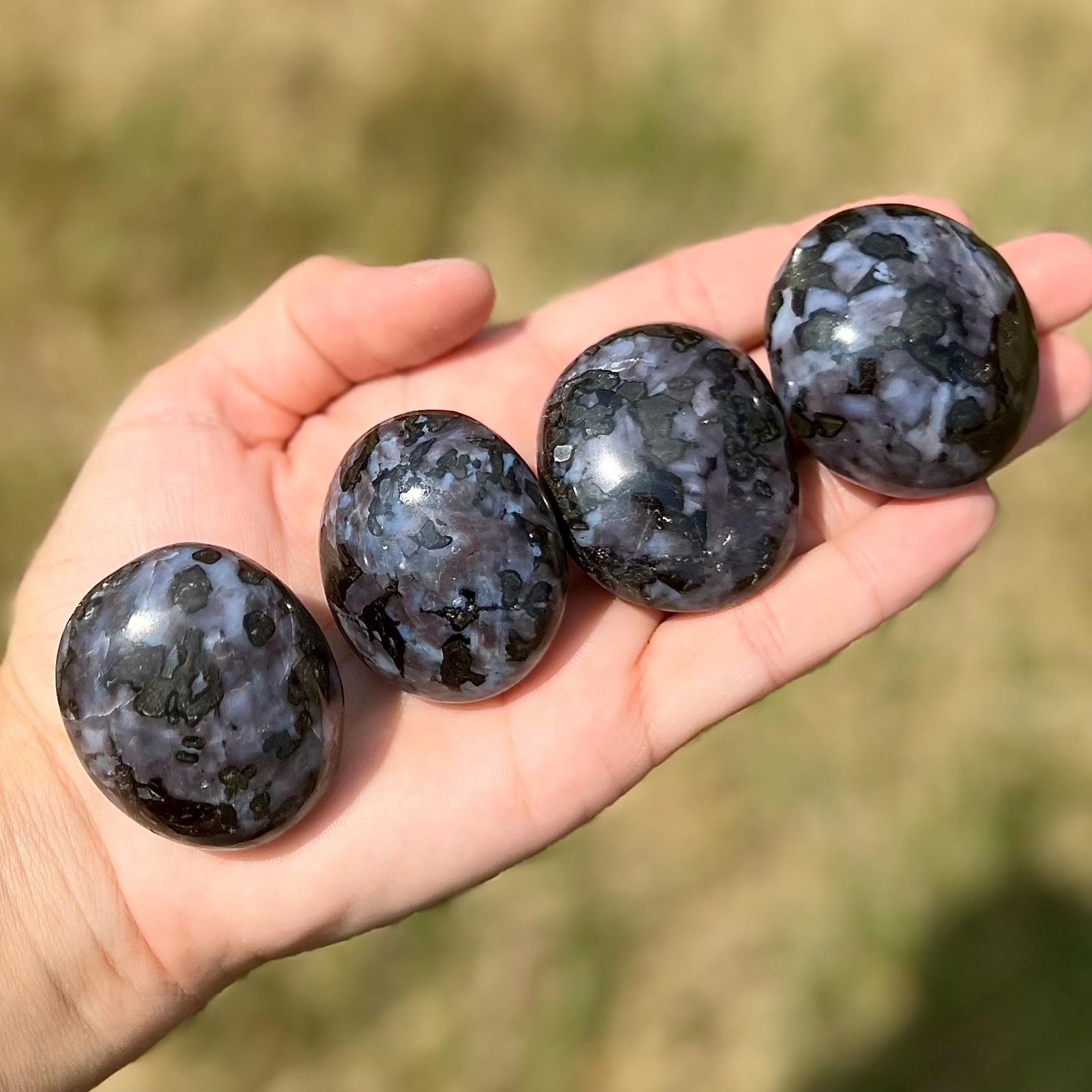 Indigo Gabbro Palm Stone, Mystic Merlinite Natural Indigo Gabbro from Madagascar