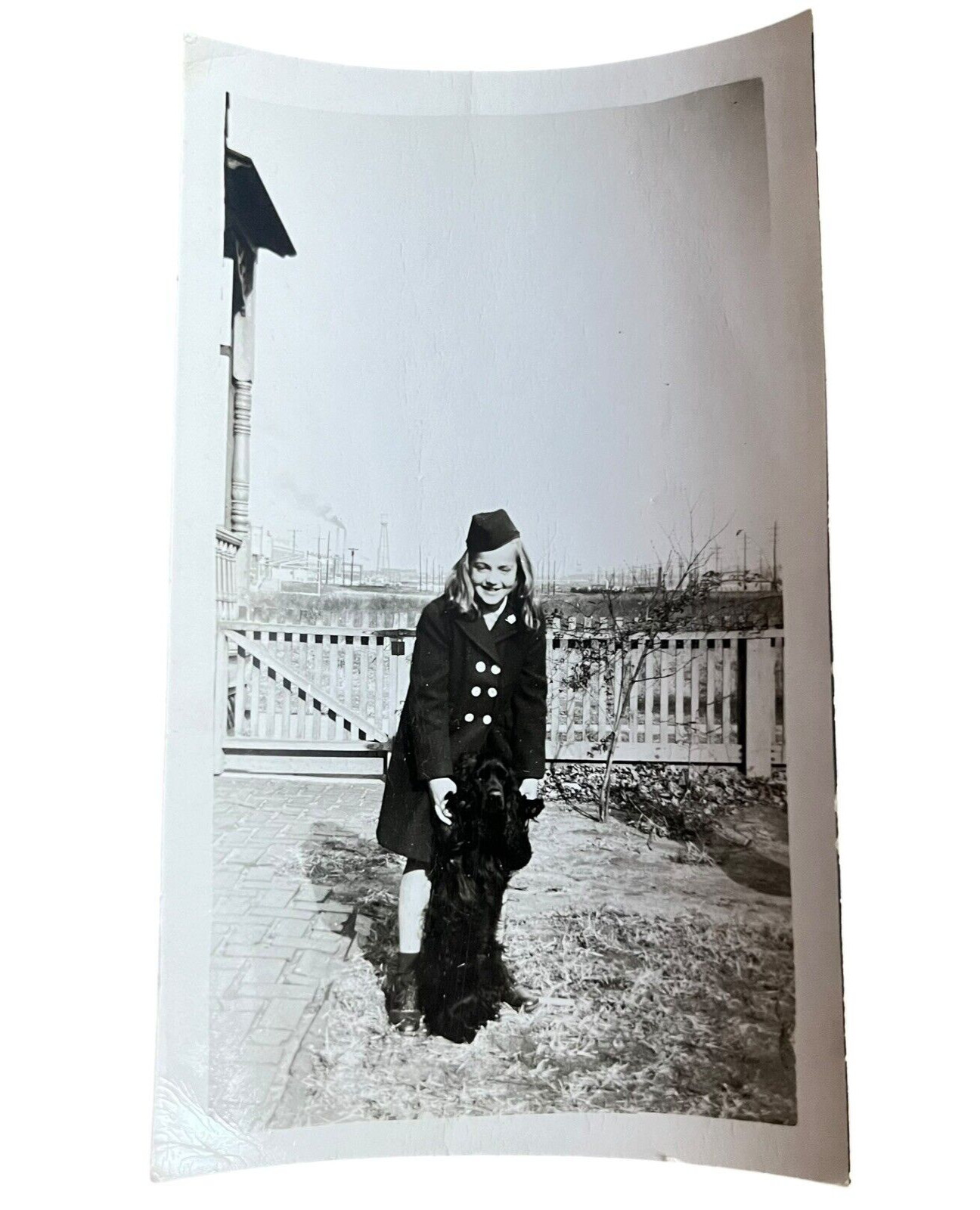 Antique Black &White Photograph Young Girl & Black Dog Fashionable Cute