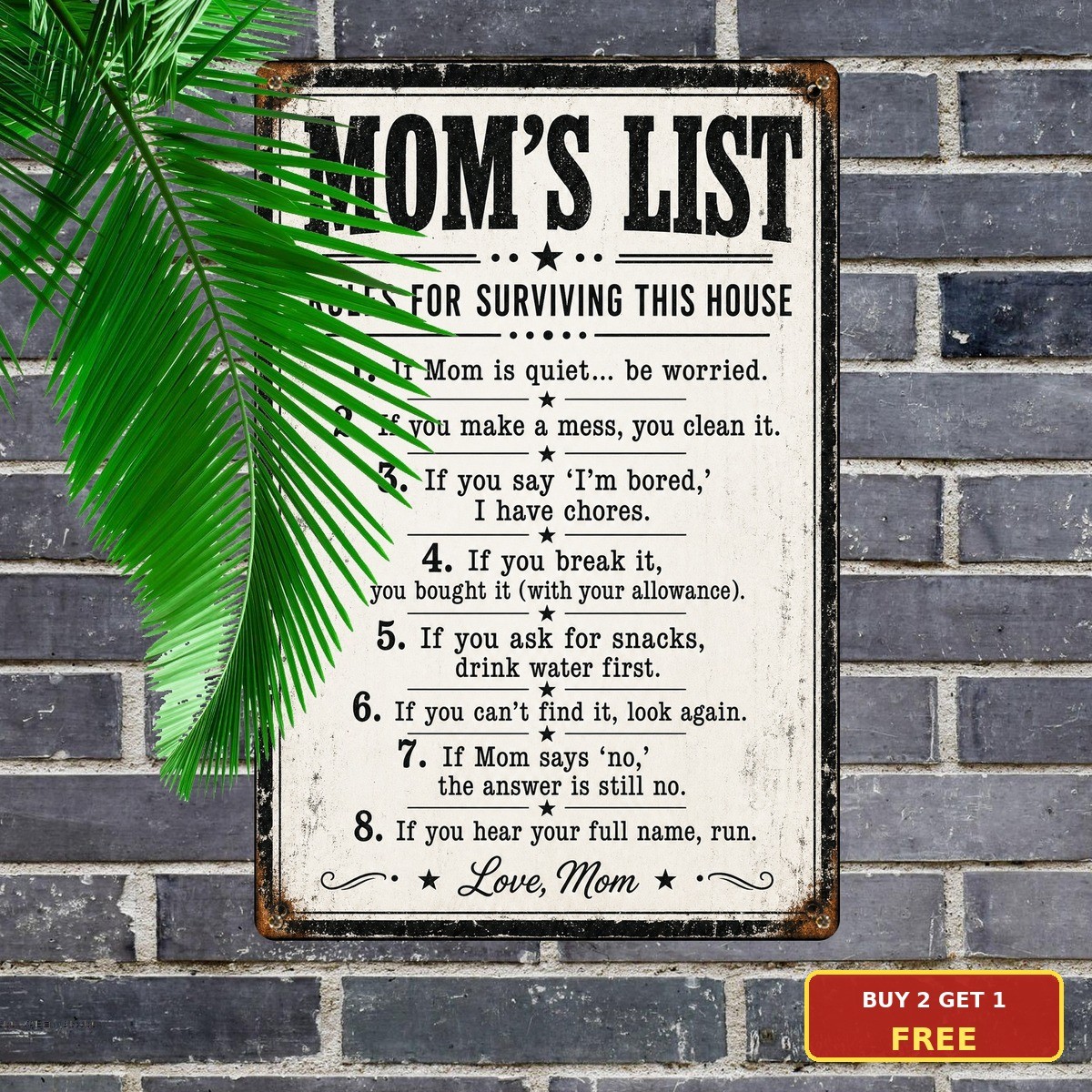 Funny Mom’s Rules Kitchen Checklist Mother Gift Metal Tin Sign Wall Art