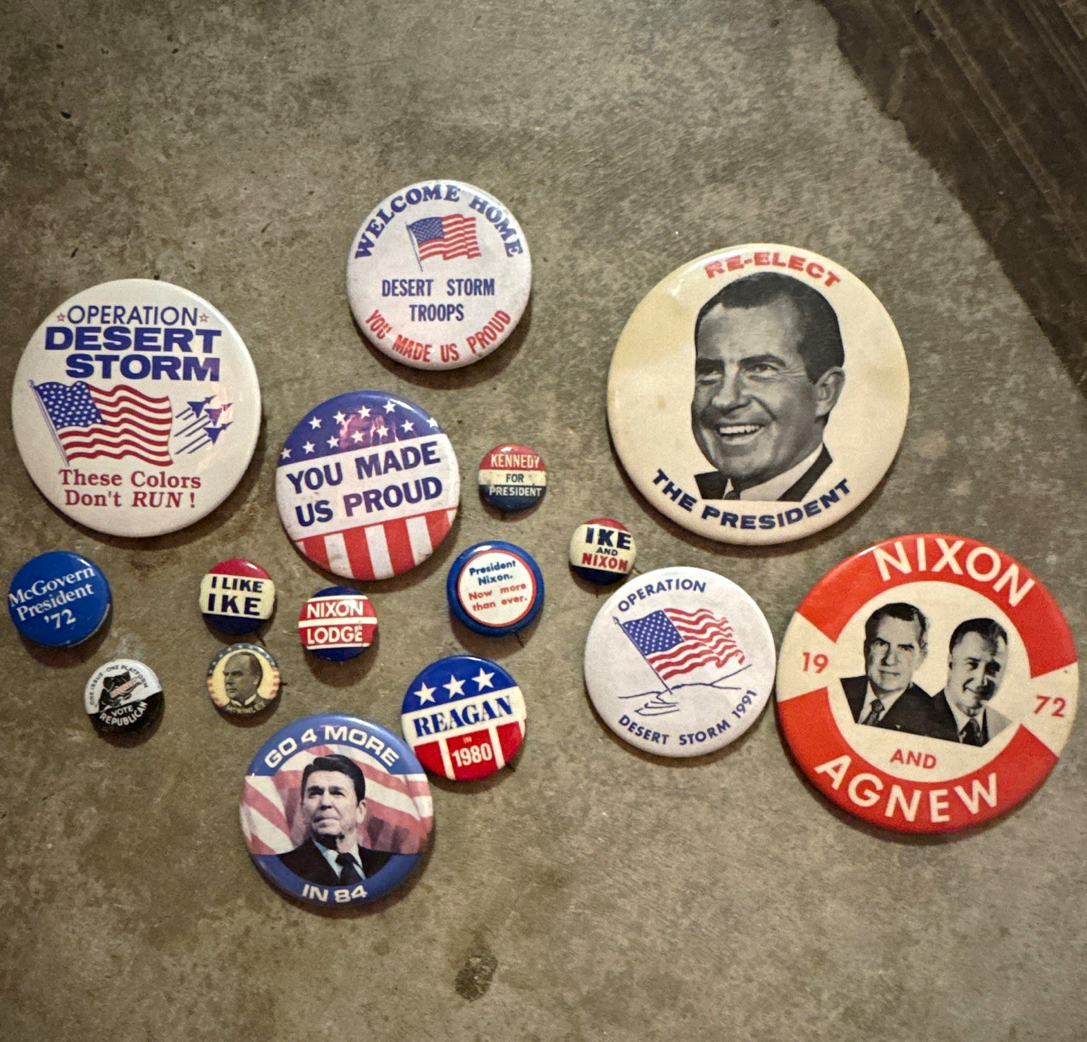 Mixed Lot Political Pinback Buttons: Desert Storm, Nixon, Reagan, Kennedy, etc.