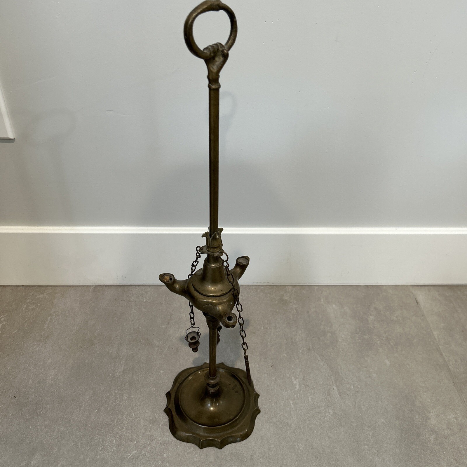 Antique Brass Whale Spout Oil Lamp 3 Burner w 3 Tools
