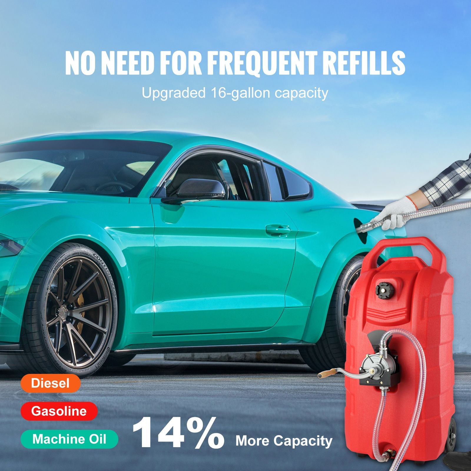 16 Gallon Fuel Caddy, 7.8 L/min, Portable Gas Storage Tank Container with Hand P