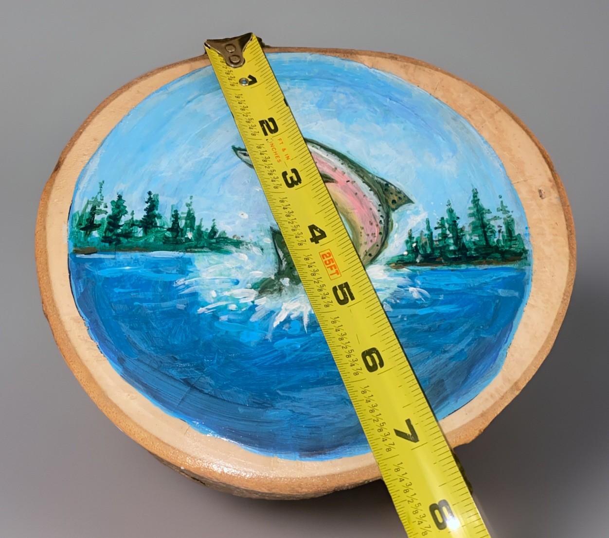 Trout Fish Painting Folk Art Jumping Trout Hand Painted Round Wood 7” X 8” Rare!