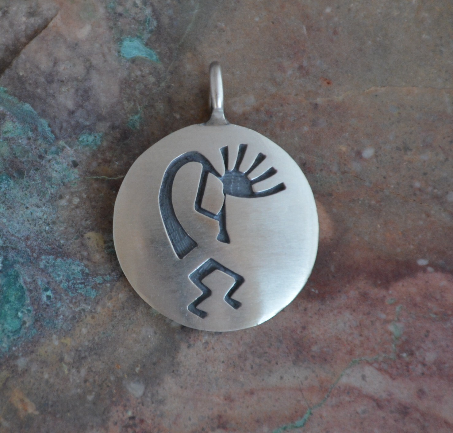Manuel Hoyungowa (1953-2011) – Hopi Silver Round Pendant – Flute Player – 1.25″