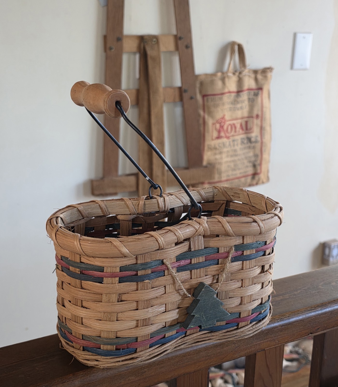 Wonderful Wooden Handle Basket For Decorative Decor or Use w/Dangle Evergreen…