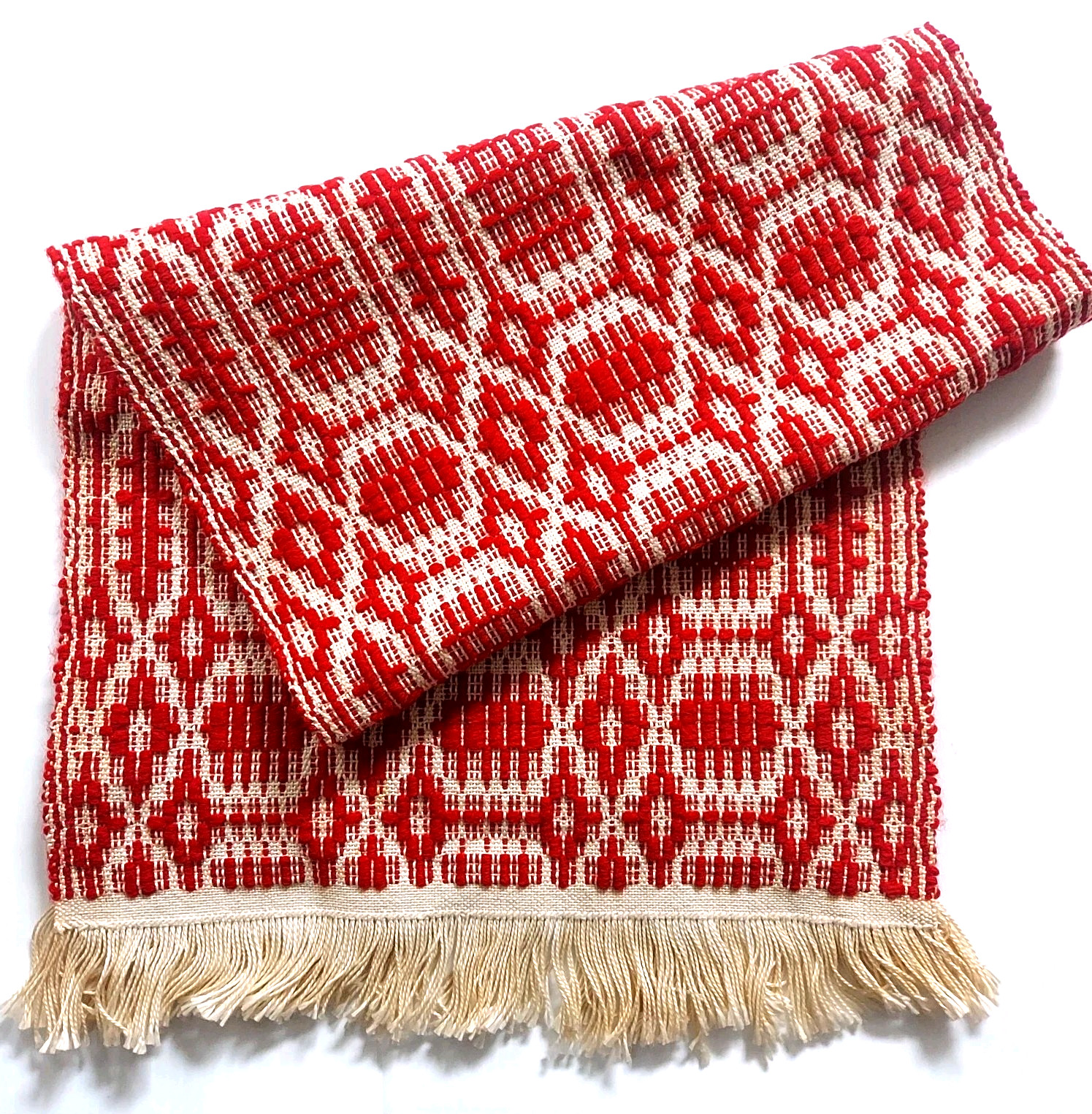 Vintage Overshot Runner Red & Cream Wool & Cotton 43″ by 13 1/2″ Hand Woven
