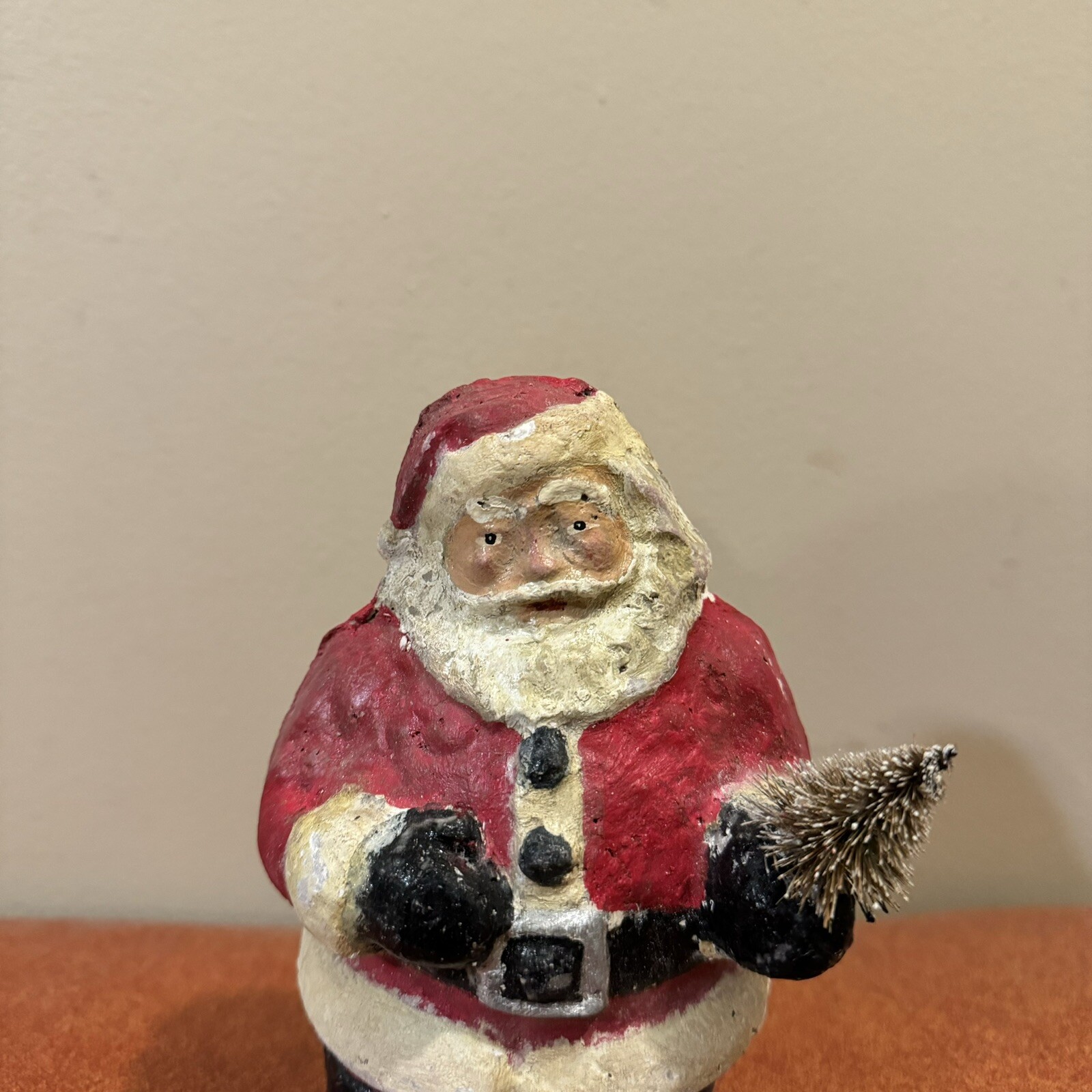 Antique Christmas Pulp Paper Mache Santa Claus Figure With Christmas Tree RARE!