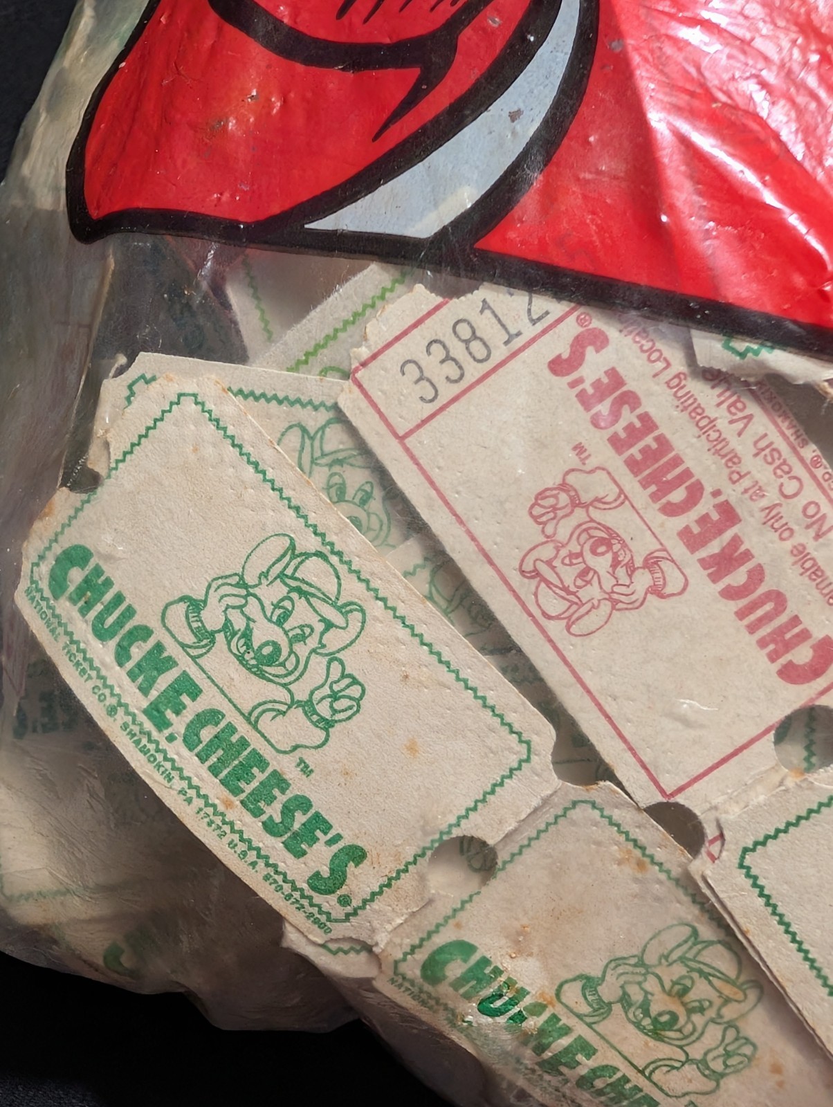 Huge 90s Vintage Chuck E Cheese Lot of Game Tickets Bag Full Plus Notepad & Bag