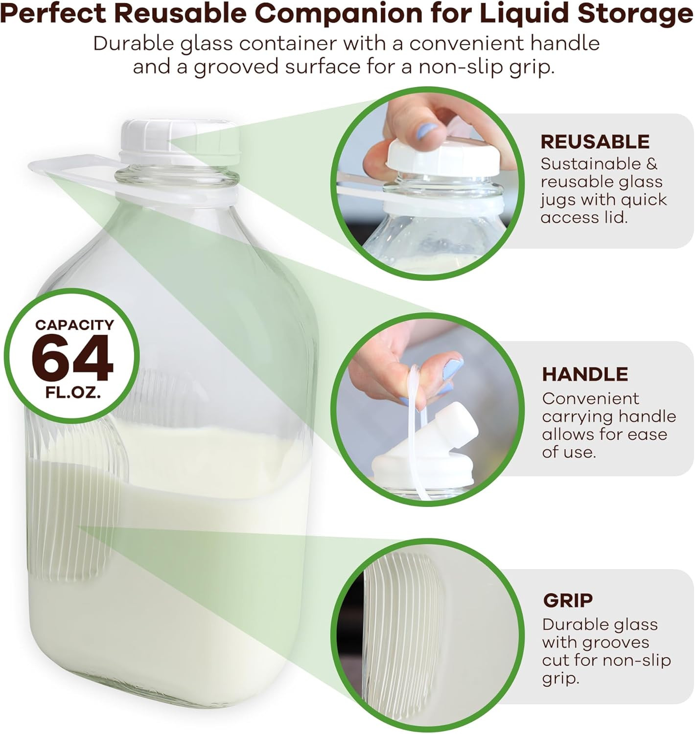 Heavy Glass Milk Bottles – Jugs with Lids, Silicone Pour Spouts – Clear Milk Con