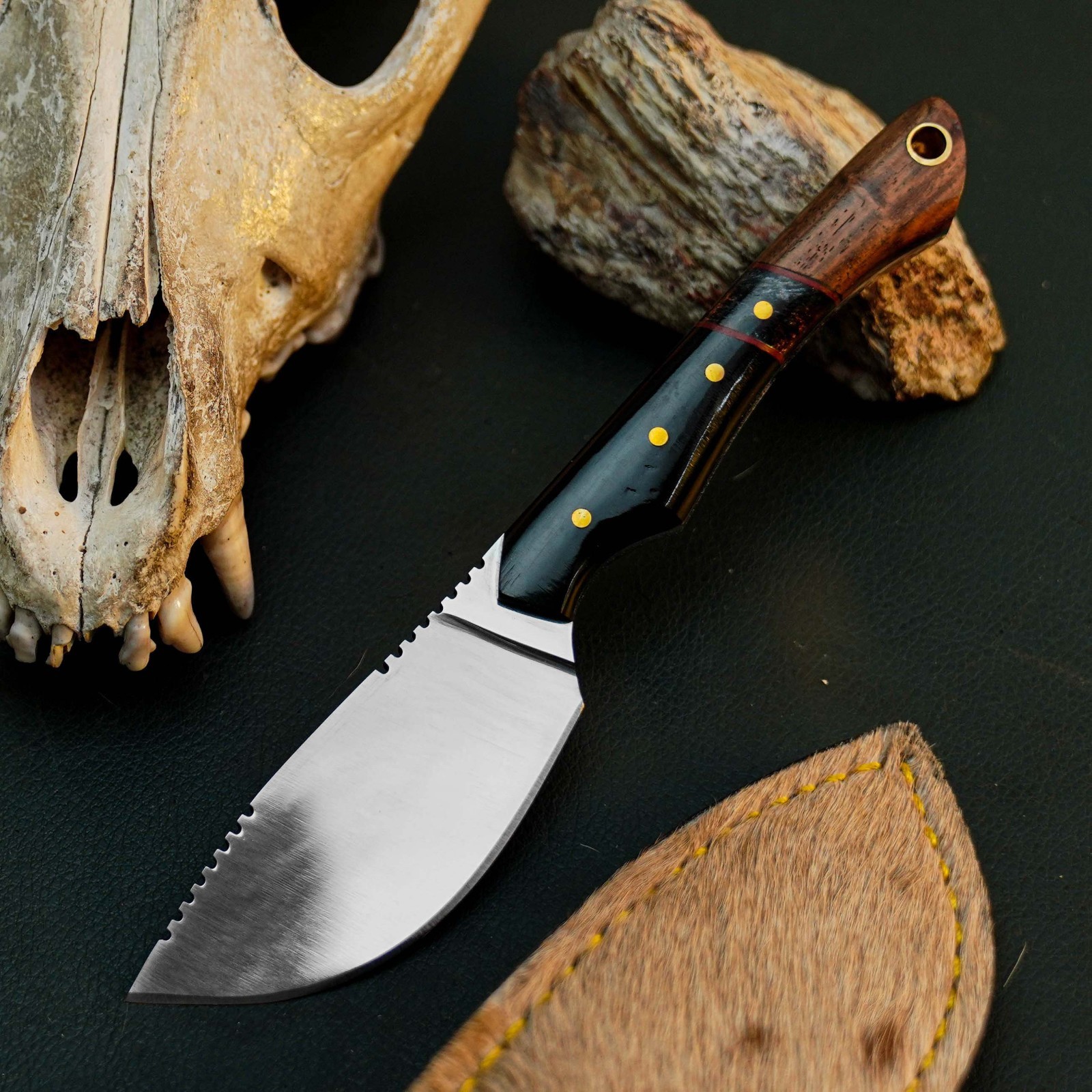 6.6″ D2 EDC Hunting Fixed Blade Knife Full Tang Hybrid Handle Leather Sheath