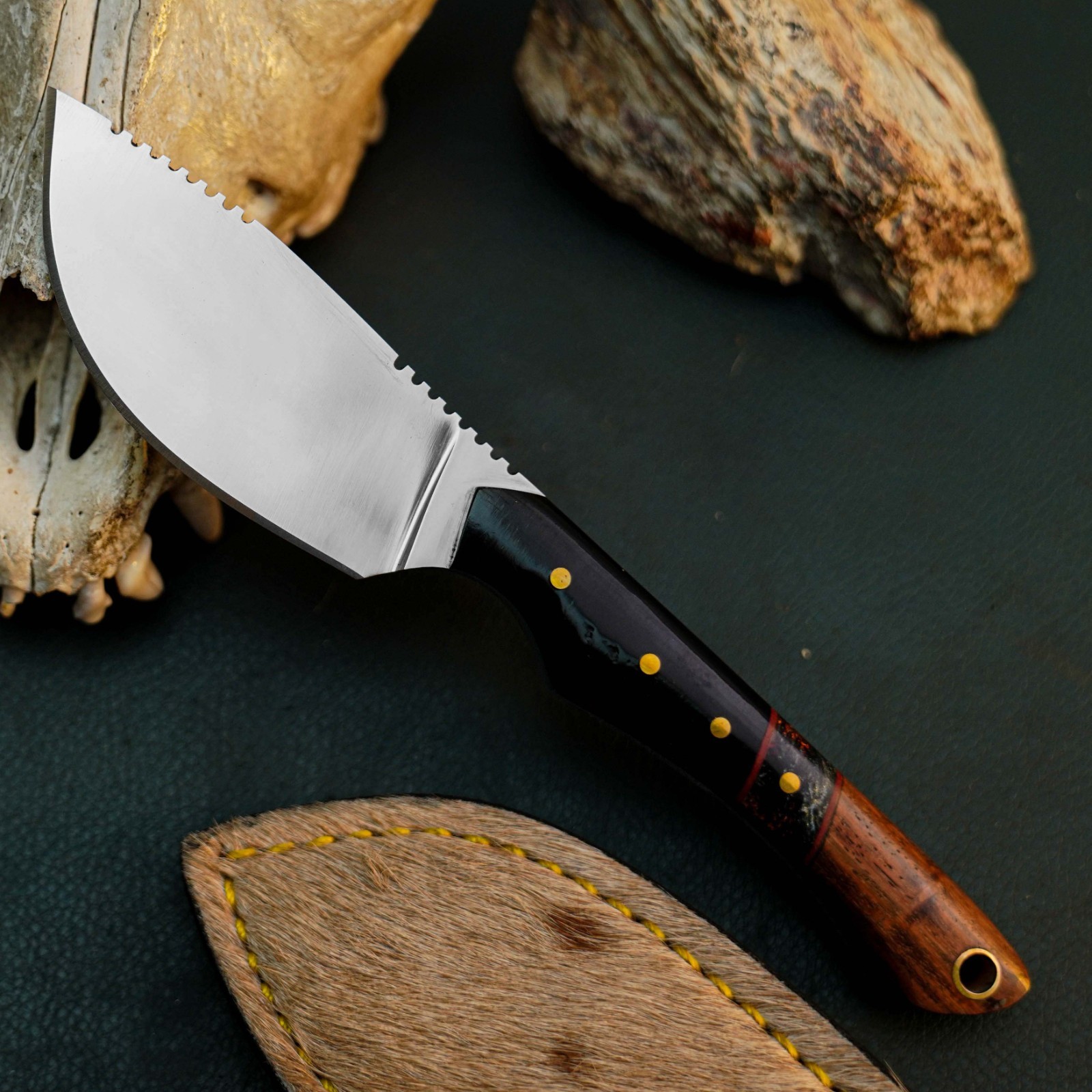 6.6″ D2 EDC Hunting Fixed Blade Knife Full Tang Hybrid Handle Leather Sheath