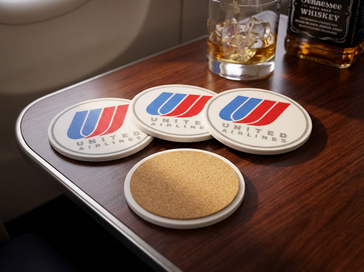 United Airlines Retro Tulip Logo Coasters Set (4) w/ Holder Vintage Decor