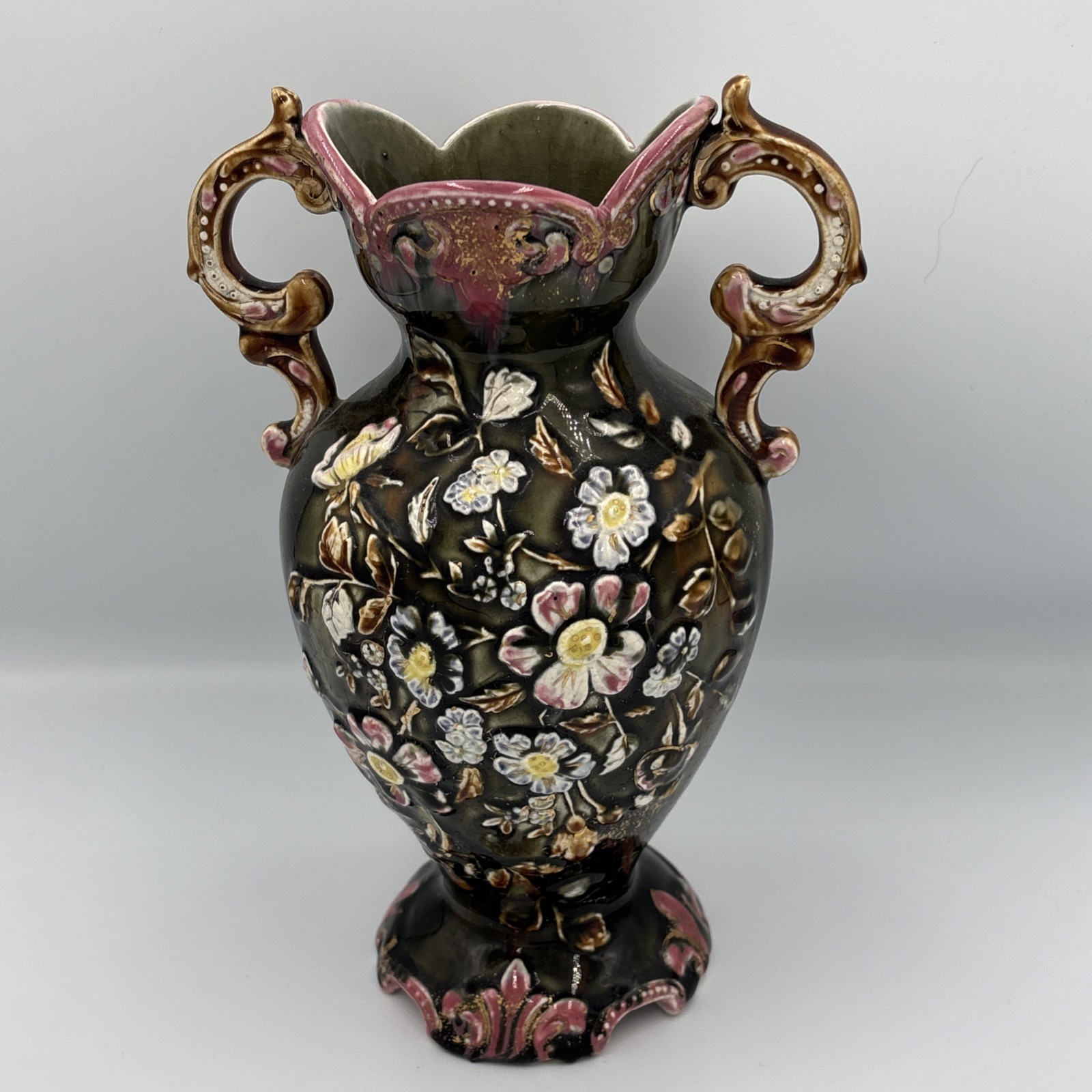 19th Century Eastern European Majolica Vase Raised Flowers 10” Marked 606 Cypher