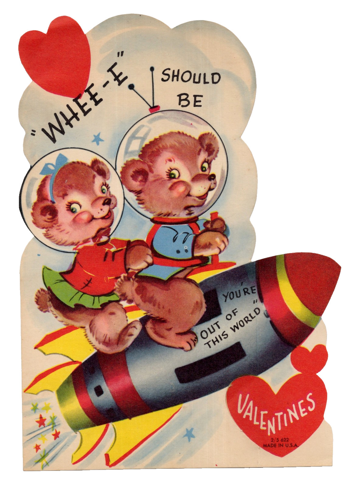Vintage Valentine Card, Bear Astronauts on Space Rocket “ OUT OF THIS WORLD“