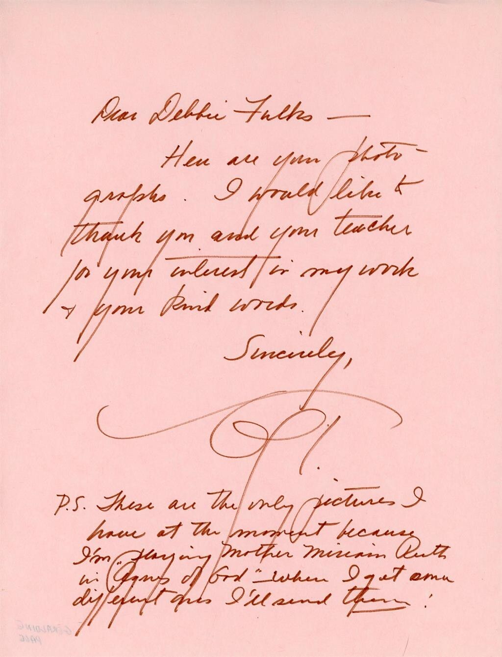 Geraldine Page- Signed Handwritten Letter