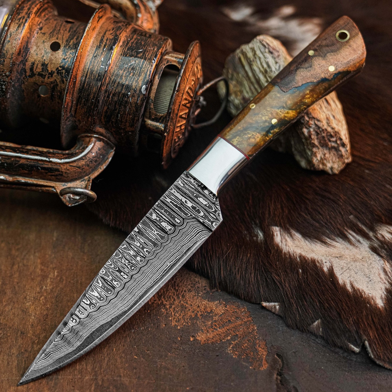 9.1″ inch Handmade Damascus Hunting Knife Full Tang Wood Handle Leather Sheath