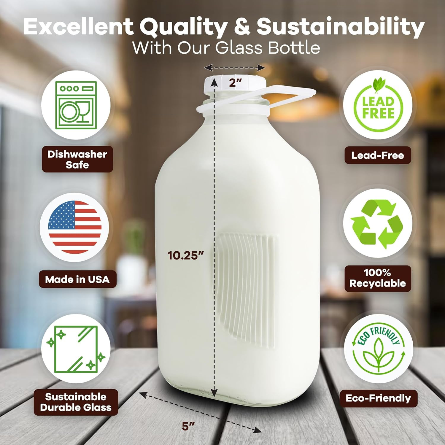 Heavy Glass Milk Bottles – Jugs with Lids, Silicone Pour Spouts – Clear Milk Con