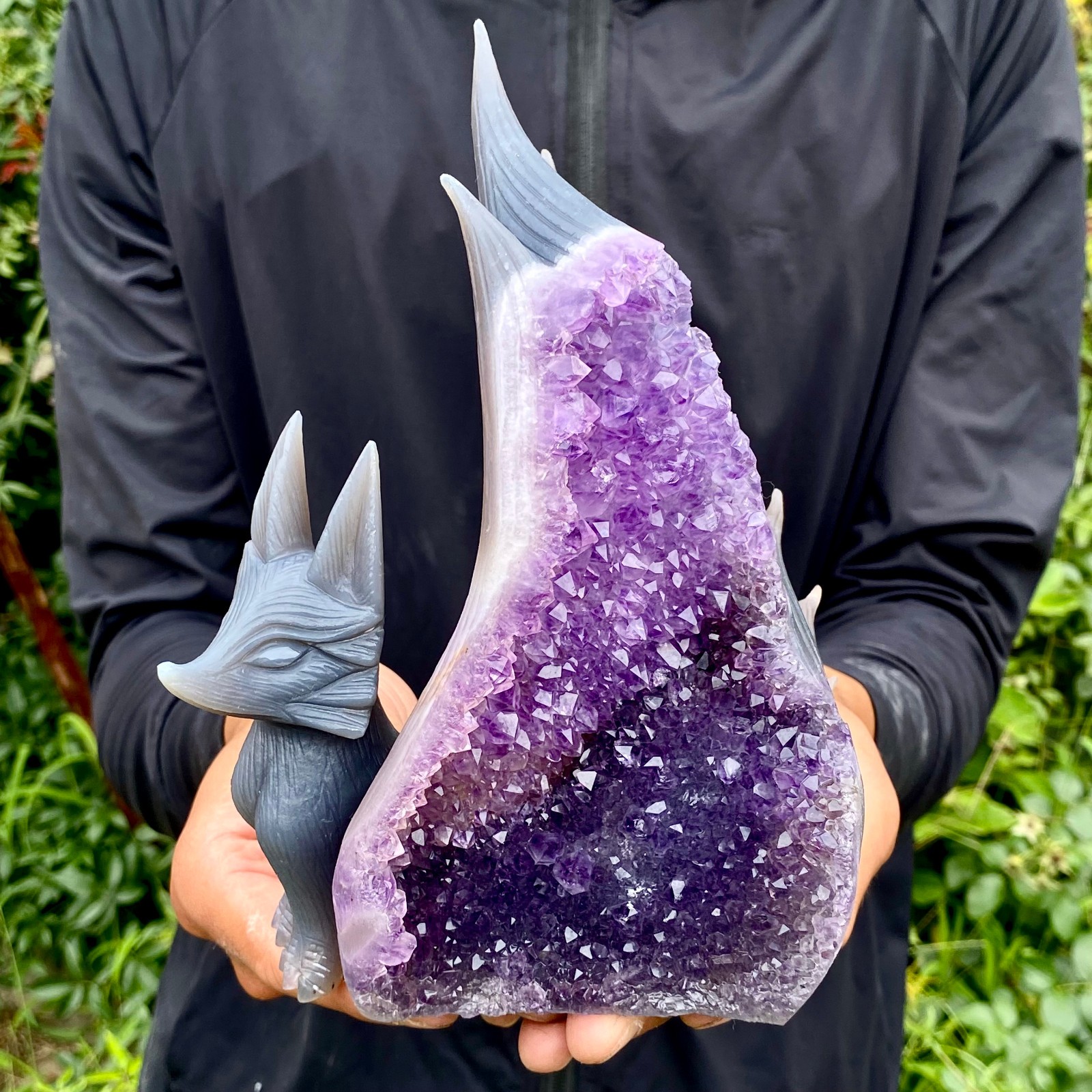 2.5LB Natural Amethyst Geode Hand Carved Nine-tailed Fox Quartz Crystal Decor
