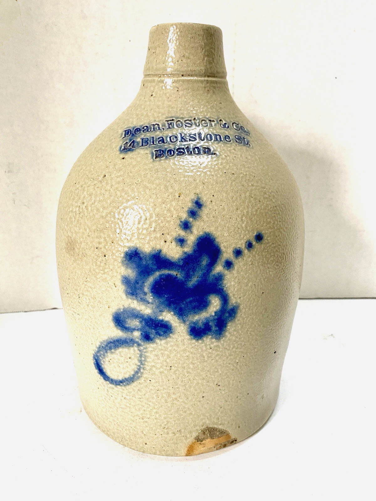 Vint. Stoneware Pottery Dean Foster & Co., 1 gal. Jug/Crock Cobalt Floral Design