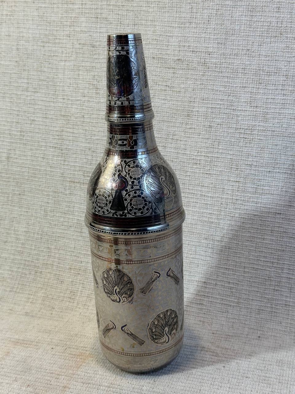 Vintage Indian Brass Peacock Etched Wine Decanter Bottle 12in 015 266