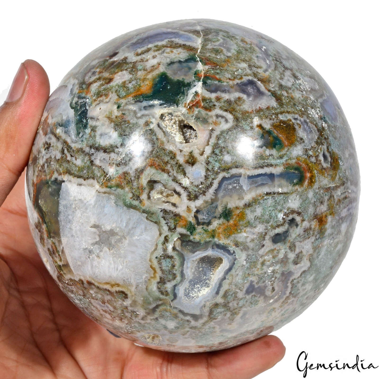 4.25 in Large Natural Moss Agate Geode Druzy Sphere Quartz Crystal Ball Healing