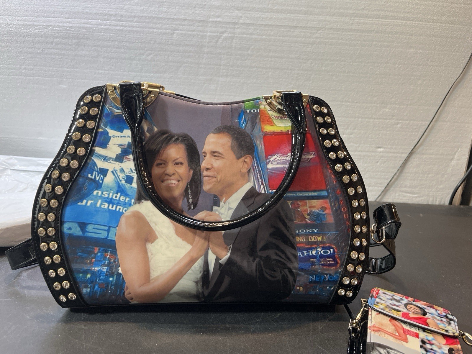 Barack & Michelle Obama Collage Patent Handbag Purse + Wallet Set Studded
