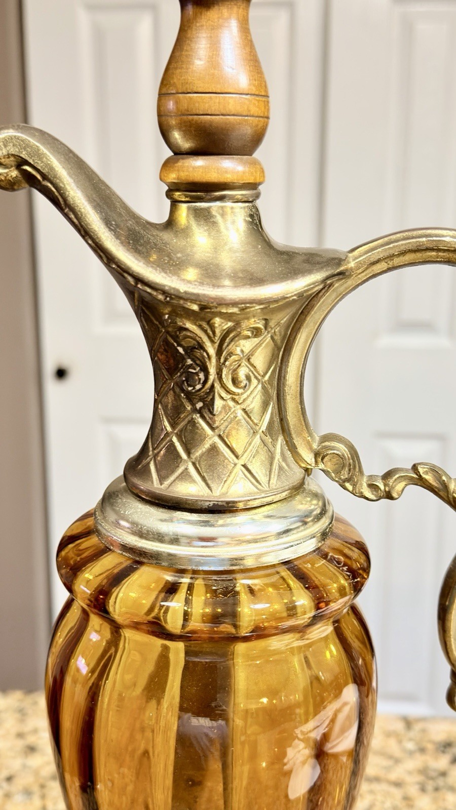 Vintage 60’s Amber Glass Ewer Lamp Brass Genie Style 29” Hollywood Regency