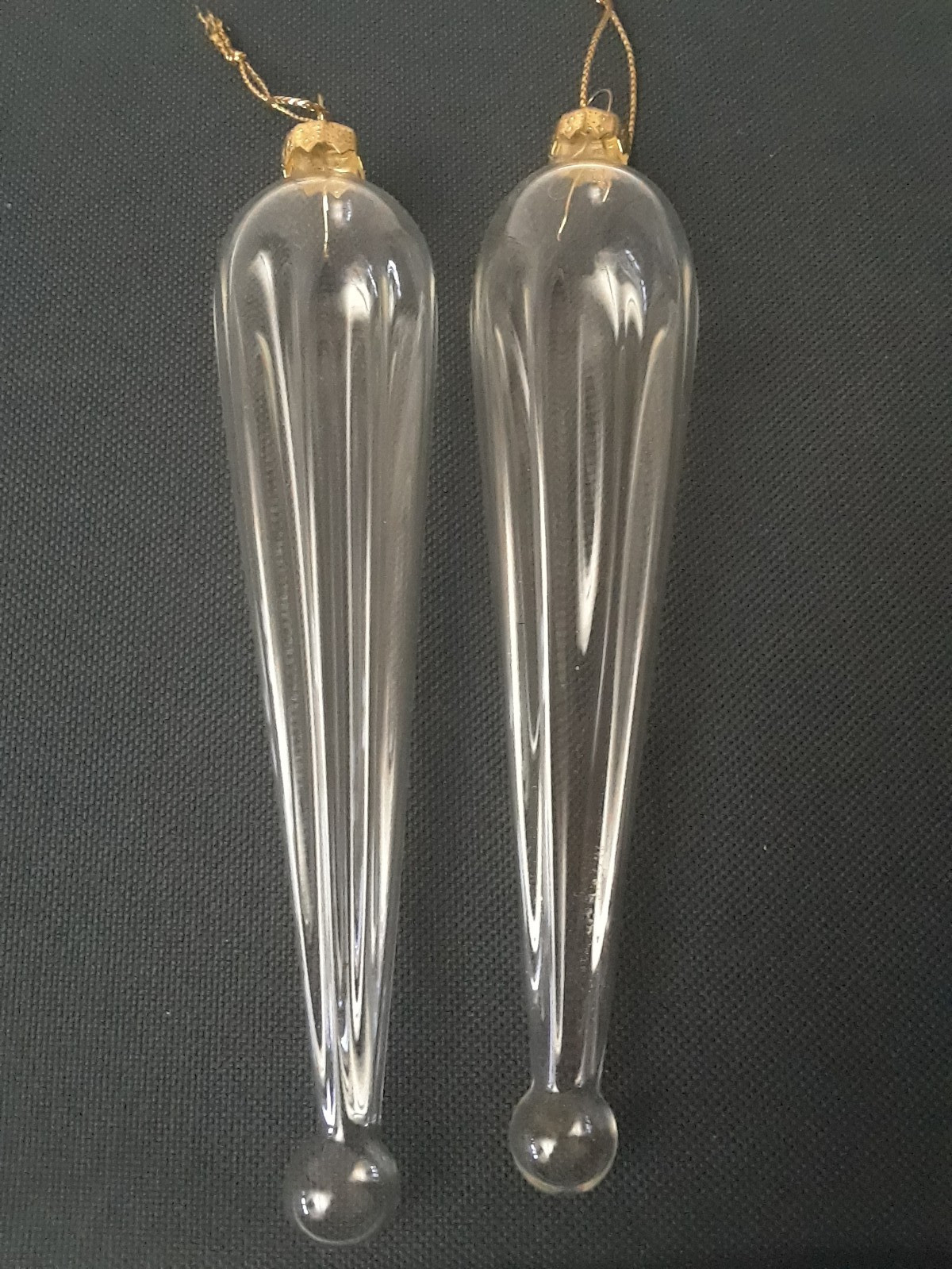 2 Hand Blown Clear Translucent Glass Teardrop Icicle Christmas Ornaments 5.75 in