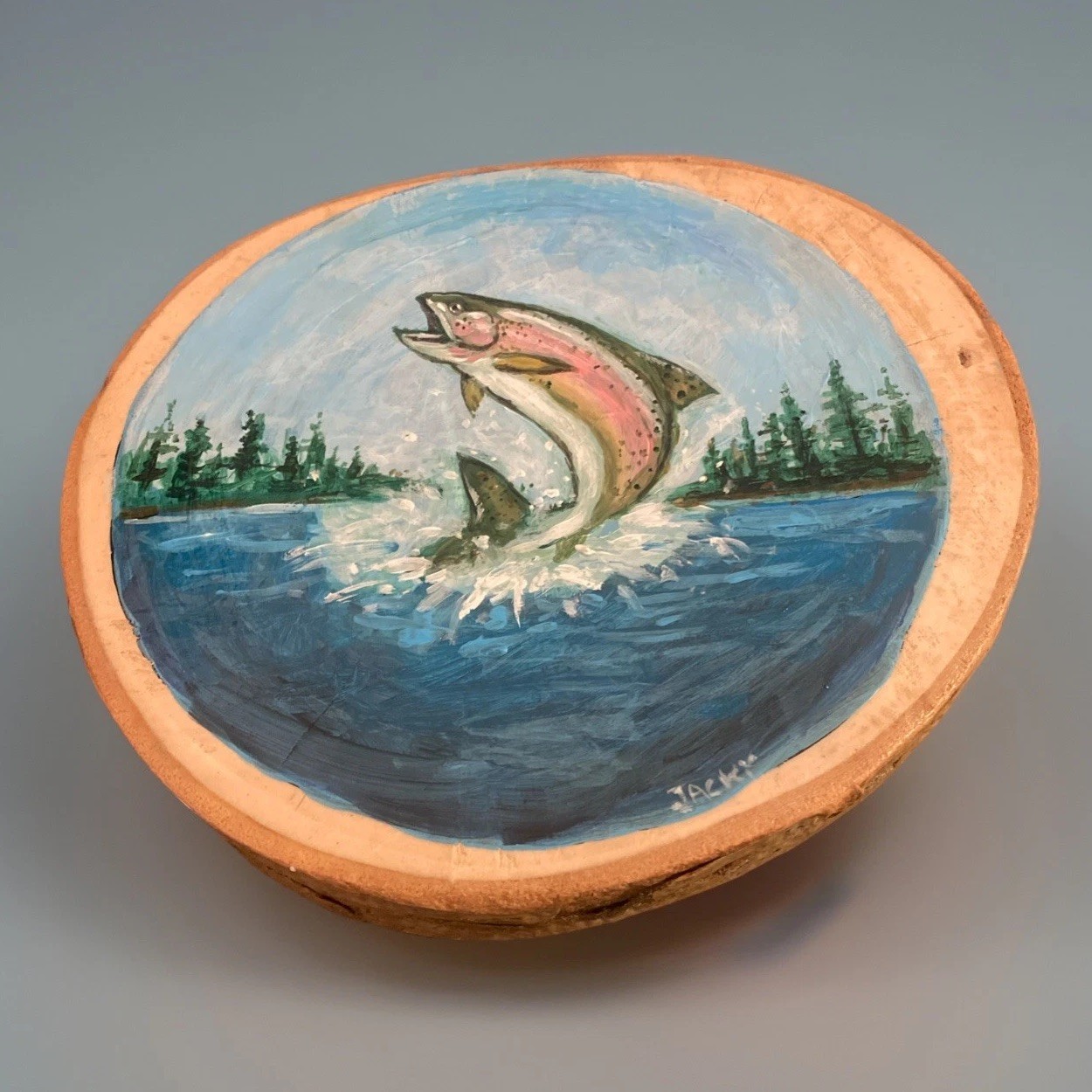Trout Fish Painting Folk Art Jumping Trout Hand Painted Round Wood 7” X 8” Rare!