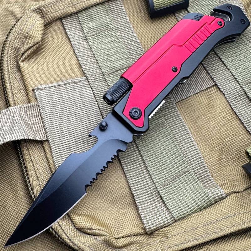 Red 7-in-1 Survival Tactical Military Folding Pocket Knife with LED Light Tool