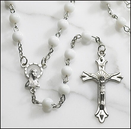White Round Glass 6MM Beads Rosary 20″ Length Virgin Mary Crucifix Medal