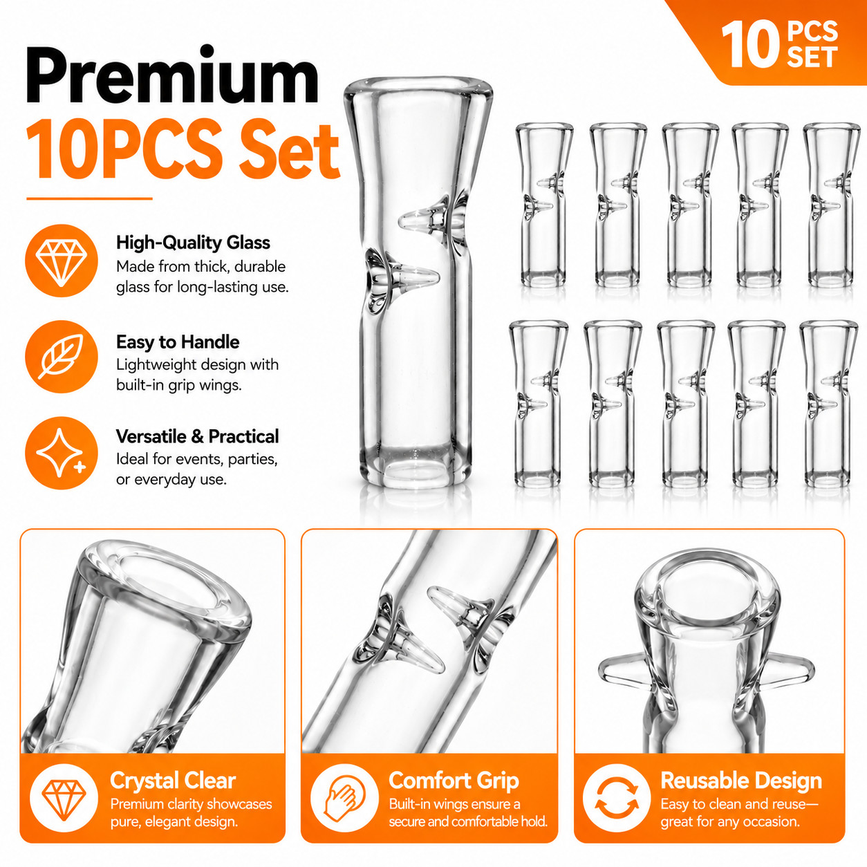 Medium Size Glass Filter Tips for Cigarettes 10PCS Transparent Ø9mm OD 35mm Pack