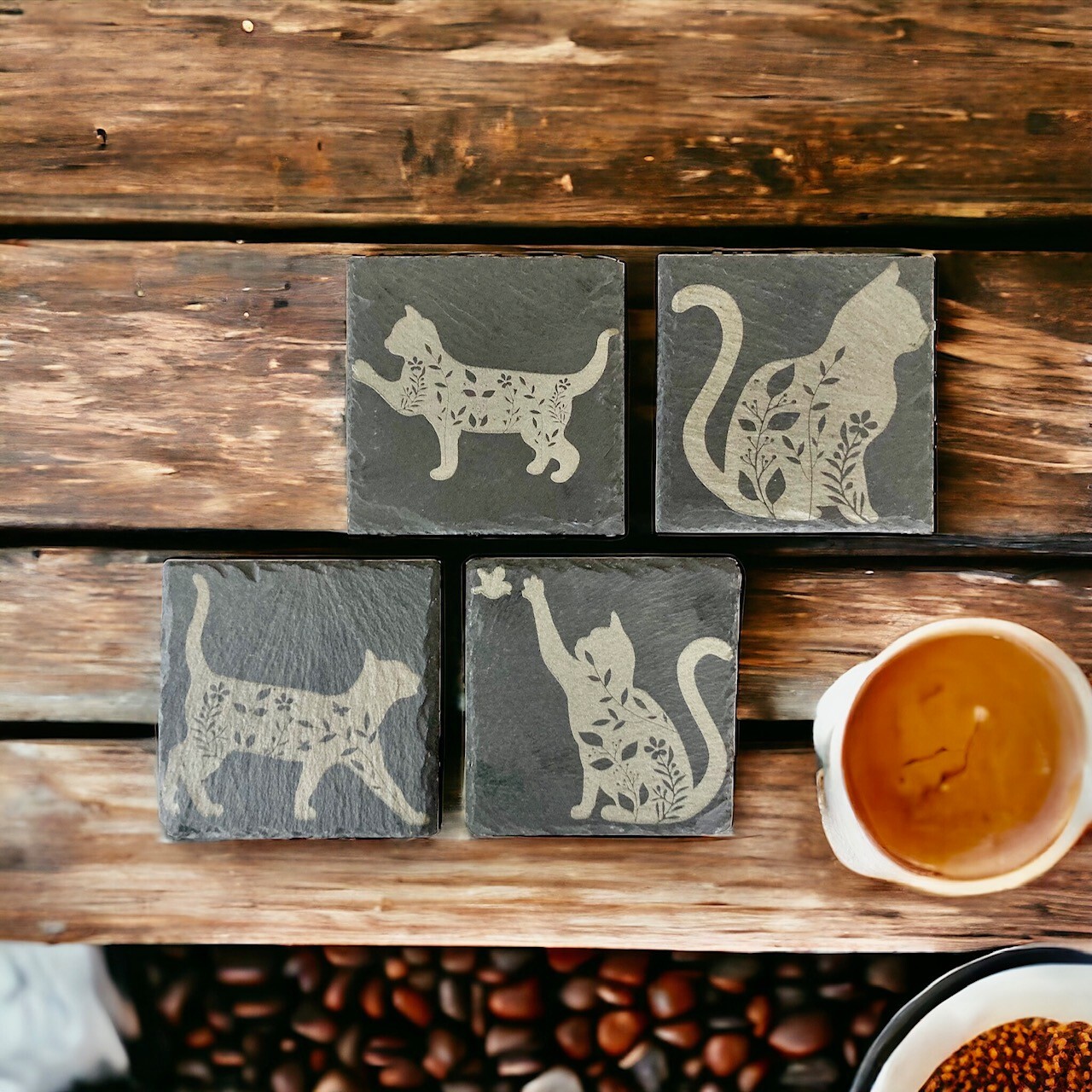 Cat Design Set of 4 Slate coasters size of coasters 4 By 4 Inches